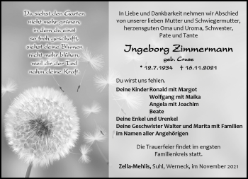 Traueranzeige von Ingeborg Zimmermann von Südthüringer Presse