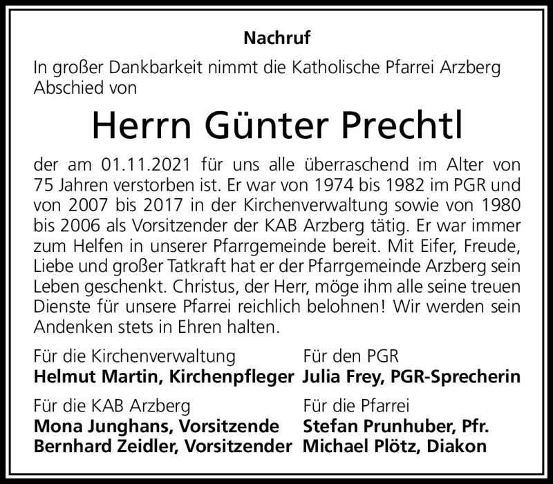  Traueranzeige für Günter Prechtl vom 06.11.2021 aus Frankenpost