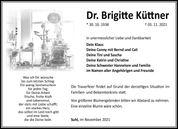 Traueranzeige von Brigitte Küttner von Südthüringer Presse