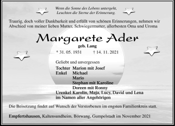 Traueranzeige von Margarete Ader von Südthüringer Presse