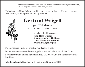 Traueranzeige von Gertrud Weigelt von Südthüringer Presse