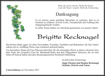 Traueranzeige von Brigitte Recknagel von Südthüringer Presse