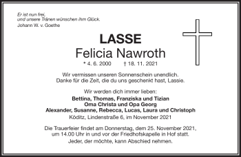 Traueranzeige von Felicia Nawroth von Frankenpost