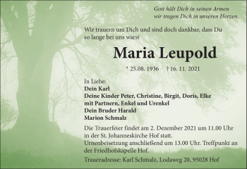 Traueranzeige von Maria Leupold von Frankenpost