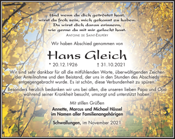 Traueranzeige von Hans Gleich von Südthüringer Presse