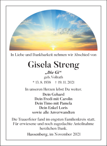 Traueranzeige von Gisela Streng von Neue Presse Coburg