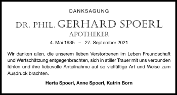 Traueranzeige von Gerhard Spoerl von Neue Presse Coburg