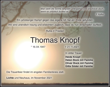 Traueranzeige von Thomas Knopf von Südthüringer Presse
