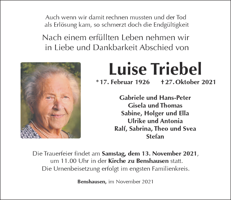  Traueranzeige für Luise Triebel vom 06.11.2021 aus Südthüringer Presse