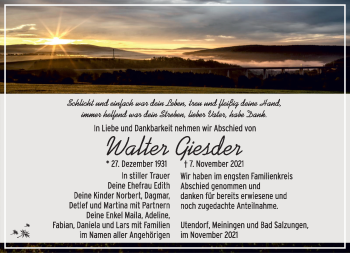 Traueranzeige von Walter Giesder von Südthüringer Presse