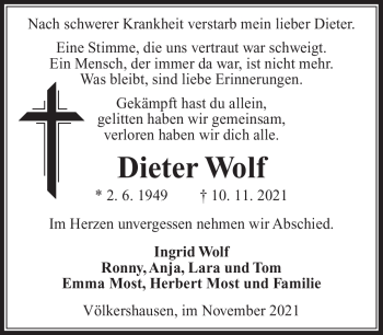 Traueranzeige von Dieter Wolf von Südthüringer Presse