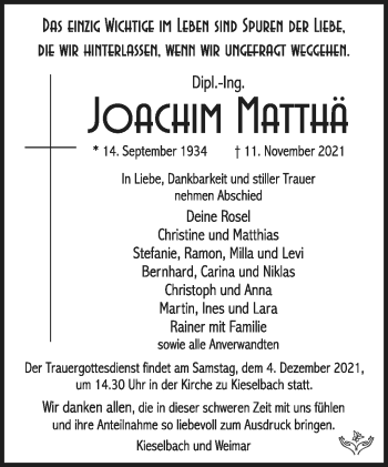 Traueranzeige von Joachim Matthä von Südthüringer Presse