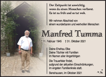 Traueranzeige von Manfred Tumma von Südthüringer Presse