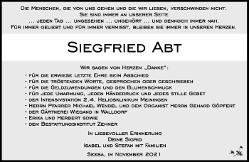 Traueranzeige von Siegfried Abt von Südthüringer Presse