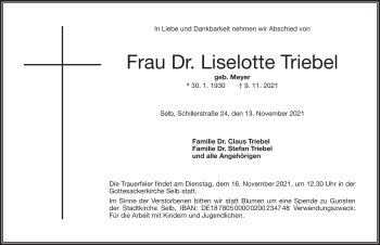Traueranzeige von Liselotte Triebel von Frankenpost