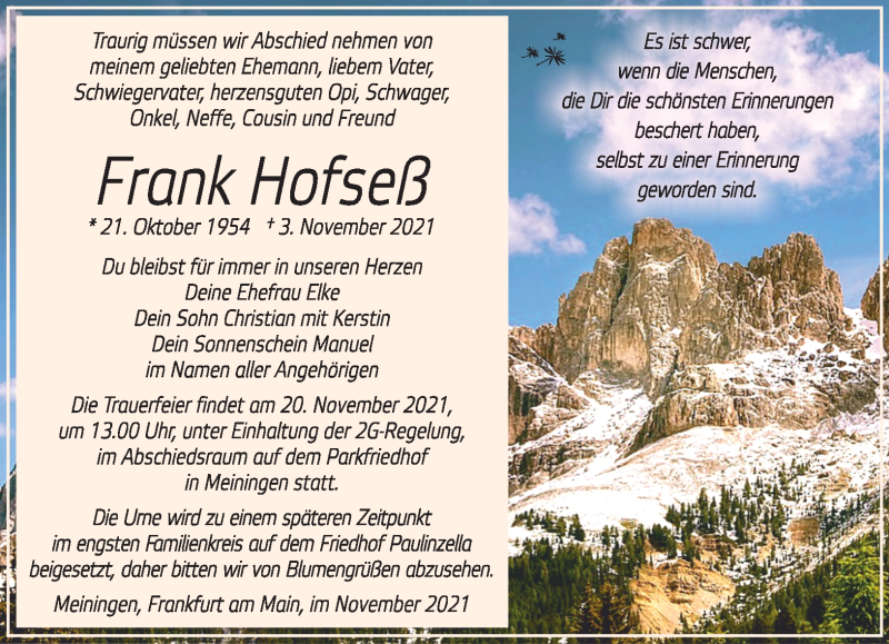  Traueranzeige für Frank Hofseß vom 13.11.2021 aus Südthüringer Presse