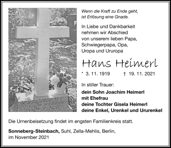 Traueranzeige von Hans Hermerl von Südthüringer Presse