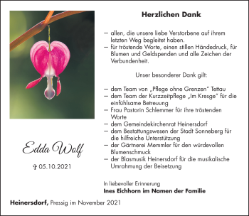 Traueranzeige von Edda Wolf von Südthüringer Presse