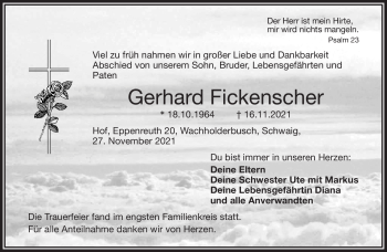 Traueranzeige von Gerhard Fickenscher von Frankenpost
