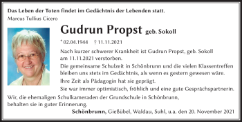 Traueranzeige von Gudrun Propst von Südthüringer Presse