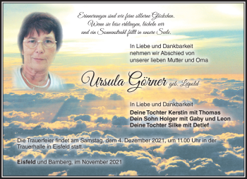 Traueranzeige von Ursula Görner von Südthüringer Presse