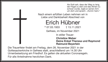 Traueranzeige von Erich Hübner von Frankenpost