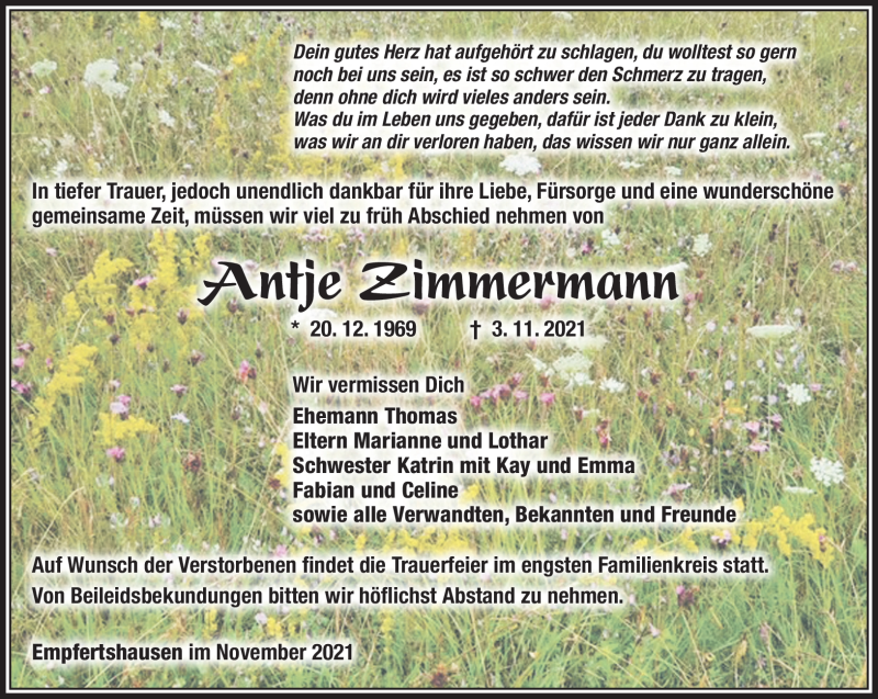  Traueranzeige für Antje Zimmermann vom 06.11.2021 aus Südthüringer Presse