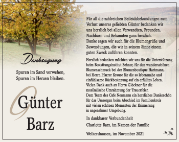 Traueranzeige von Günter Barz von Südthüringer Presse