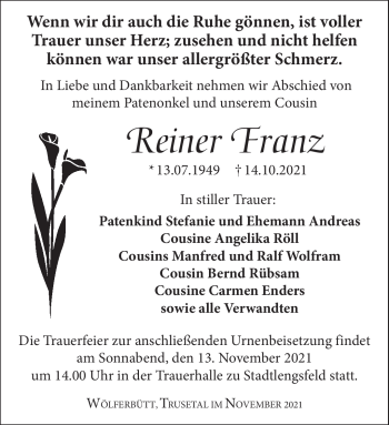 Traueranzeige von Reiner Franz von Südthüringer Presse