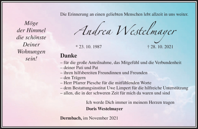  Traueranzeige für Andrea Westelmayer vom 20.11.2021 aus Südthüringer Presse