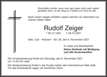 Traueranzeige von Rudolf Zeiger von Frankenpost