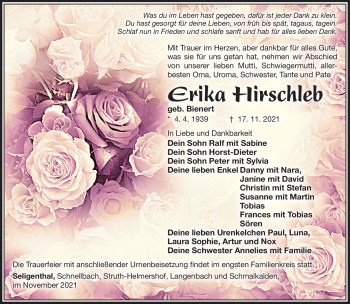 Traueranzeige von Erika Hirschleb von Südthüringer Presse