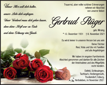 Traueranzeige von Gertrud Rüger von Südthüringer Presse