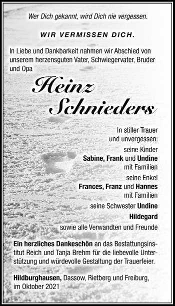 Traueranzeige von Heinz Schnieders von Südthüringer Presse