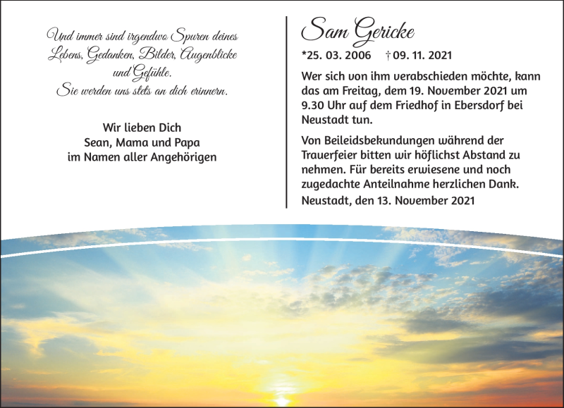  Traueranzeige für Sam Gericke vom 13.11.2021 aus Neue Presse Coburg