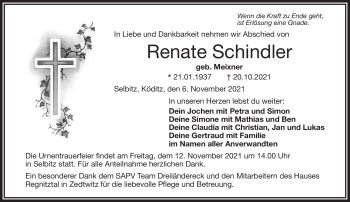 Traueranzeige von Renate Schindler von Frankenpost