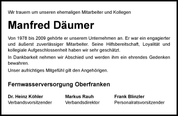 Traueranzeige von Manfred Däumer von Neue Presse Coburg