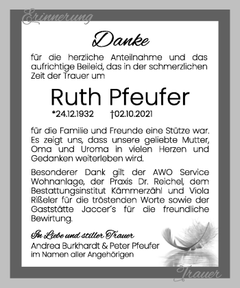 Traueranzeige von Ruth Pfeufer von Südthüringer Presse