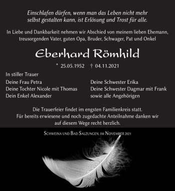 Traueranzeige von Eberhard Römhild von Südthüringer Presse