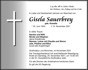 Traueranzeige von Gisela Sauerbrey von Südthüringer Presse