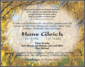 Traueranzeige von Hans Gleich von Südthüringer Presse