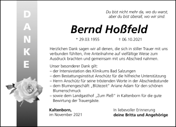 Traueranzeige von Bernd Hoßfeld von Südthüringer Presse