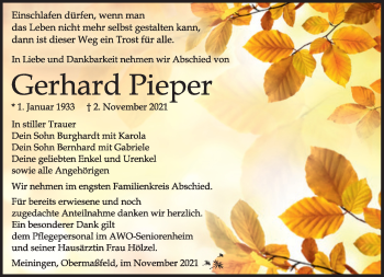 Traueranzeige von Gerhard Pieper von Südthüringer Presse