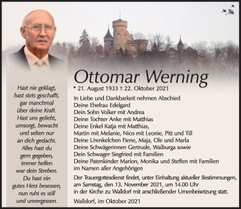 Traueranzeige von Ottomar Werning von Südthüringer Presse