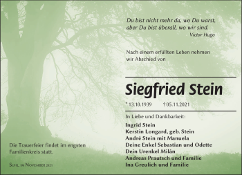 Traueranzeige von Siegfried Stein von Südthüringer Presse
