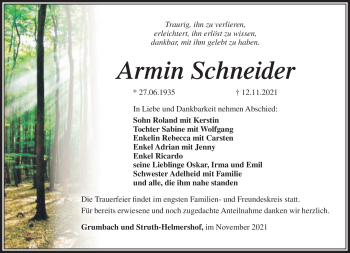 Traueranzeige von Armin Schneider von Südthüringer Presse