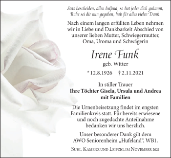 Traueranzeige von Irene Funk von Südthüringer Presse