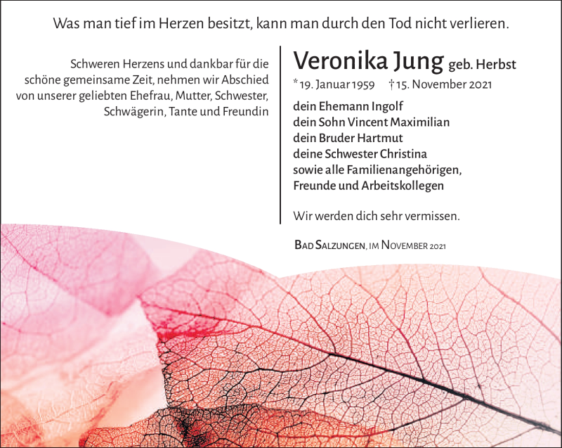  Traueranzeige für Veronika Jung vom 23.11.2021 aus Südthüringer Presse