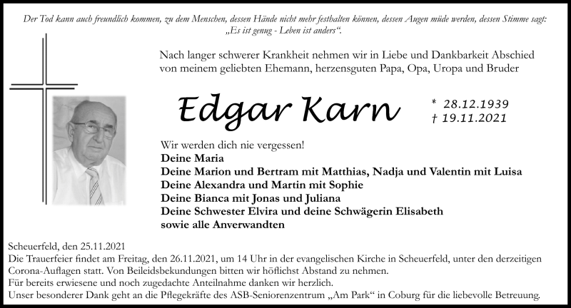  Traueranzeige für Edgar Karn vom 25.11.2021 aus Neue Presse Coburg