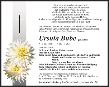 Traueranzeige von Ursula Bube von Südthüringer Presse
